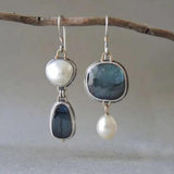 Vintage Blue Piedra Perla Pendientes