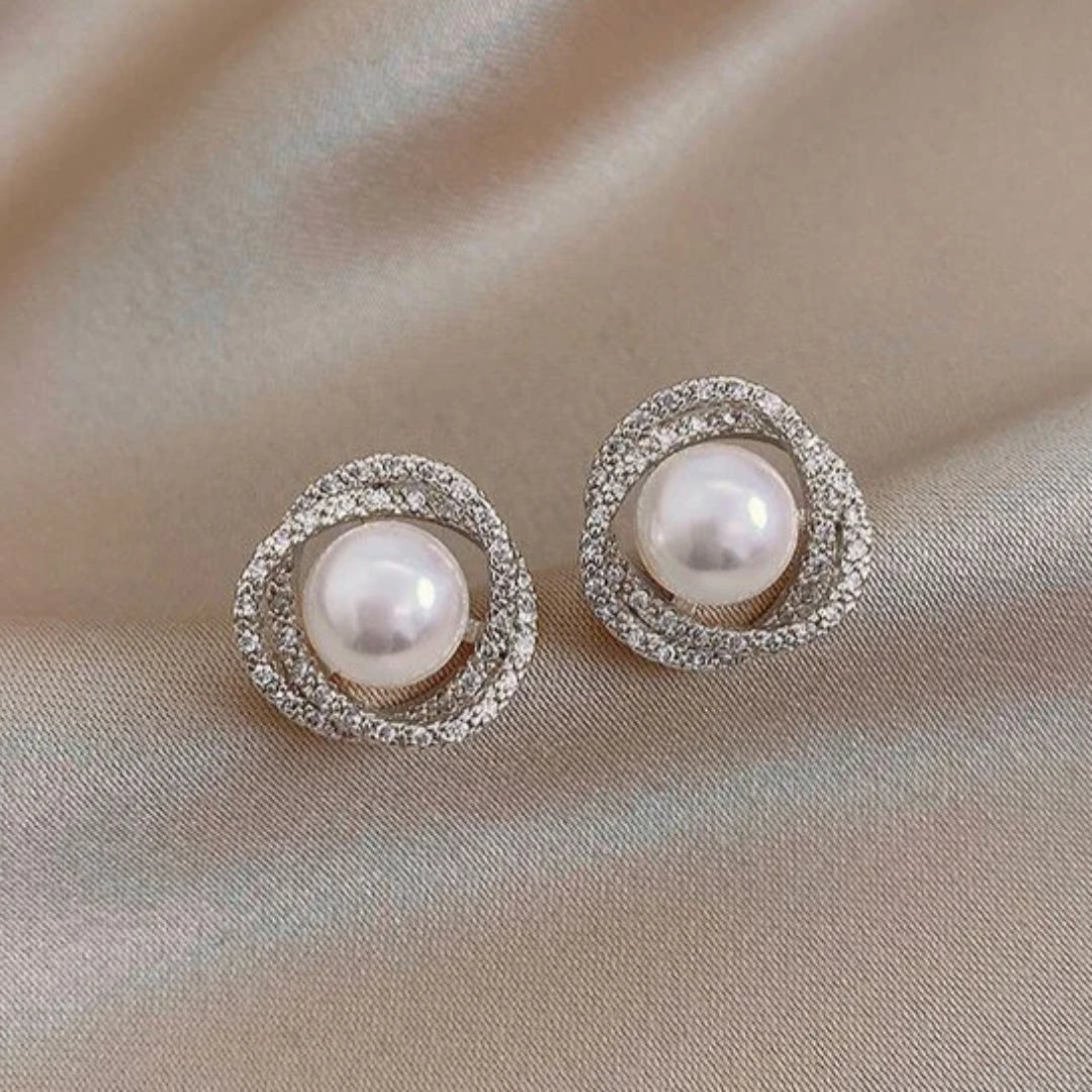 Pendientes Elegantes Espirales Brillantes con Perlas