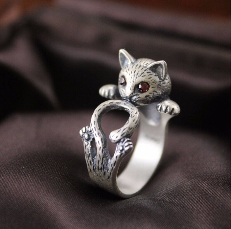 Anillo Ajustable Gato Pintado a Mano en Plata 925