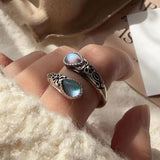 Vintage Ajustable Plateado Blue Piedra Anillo