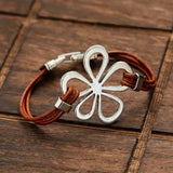 Clásico Plateado Flor Leather Pulsera