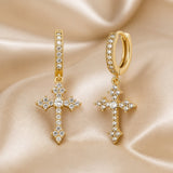 Dorado Blanco Cruz Circonitas Inlaid Pendientes