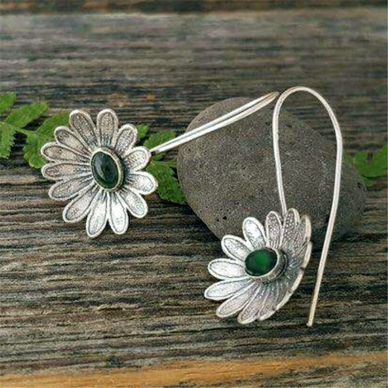 Pendientes Flor de Cristal Verde en Plata