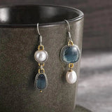 Vintage Blue Piedra Perla Pendientes